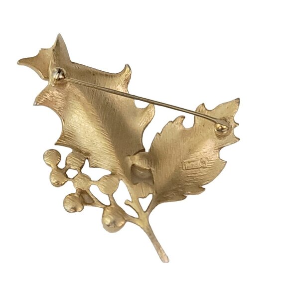 Trifari Crown Over T Gold Tone Faux Pearl Leaf Brooch, Signed - Picture 4 of 7